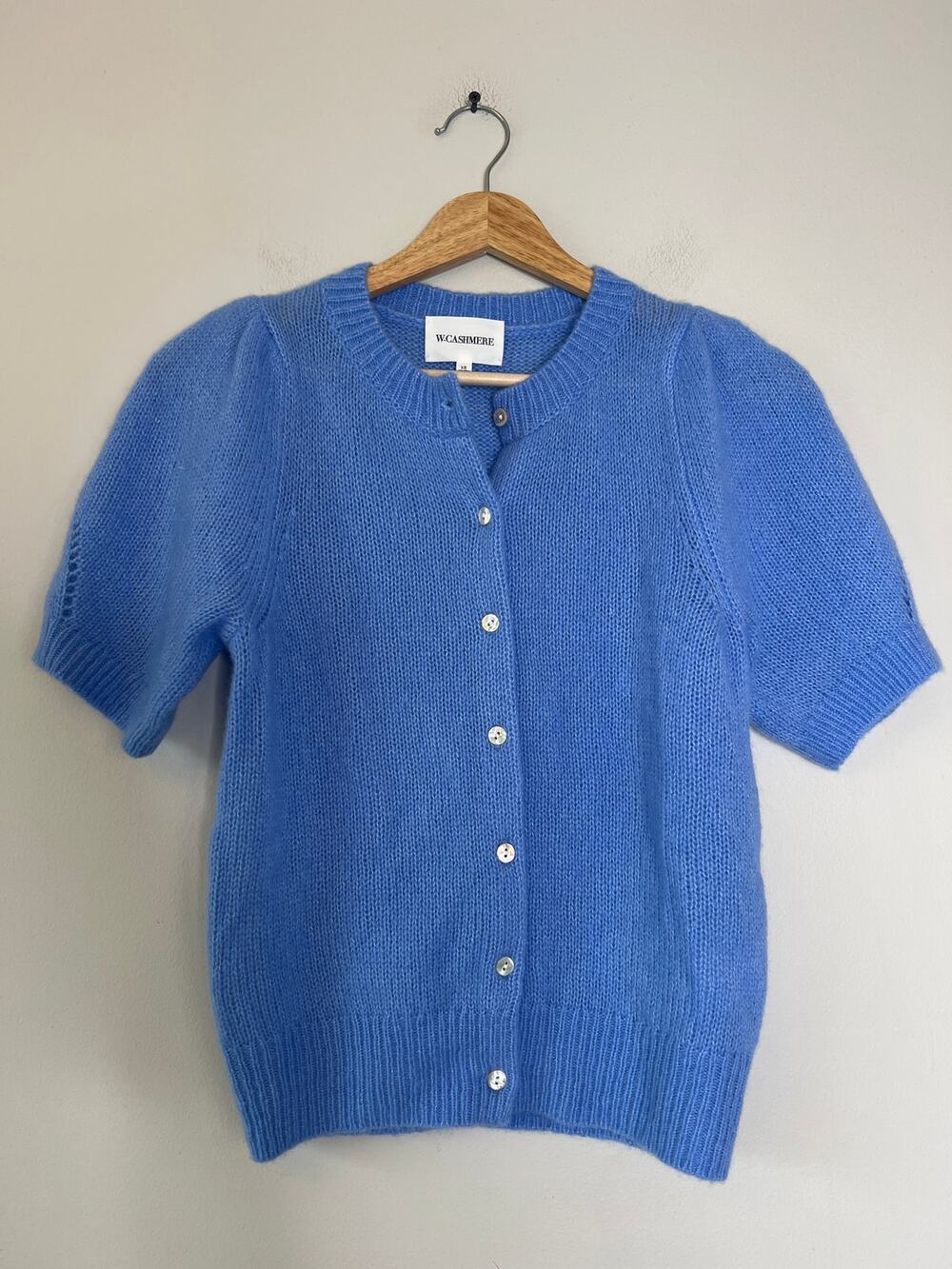 NEW W. Cashmere Knitwear Round Crewneck Short Sleeves Cardigan Blue Size: XS